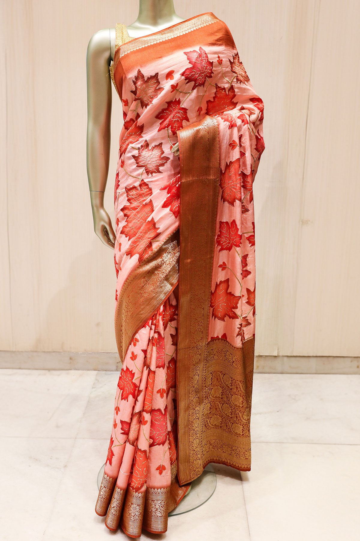 Peach South Silk Leaf Print Zari Embroidered Saree