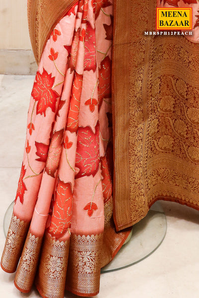 Peach South Silk Leaf Print Zari Embroidered Saree