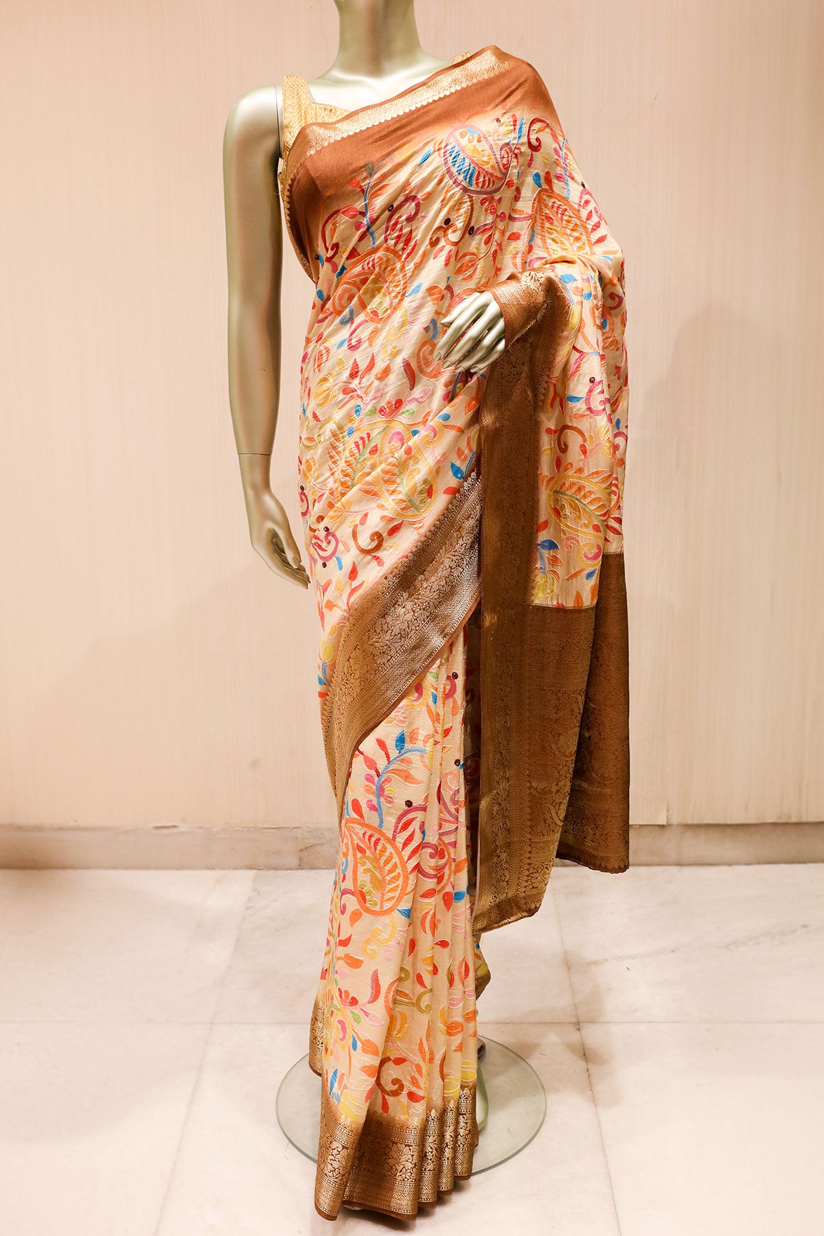 Cream Silk & Zari Sequin Embroidered Floral Printed Saree