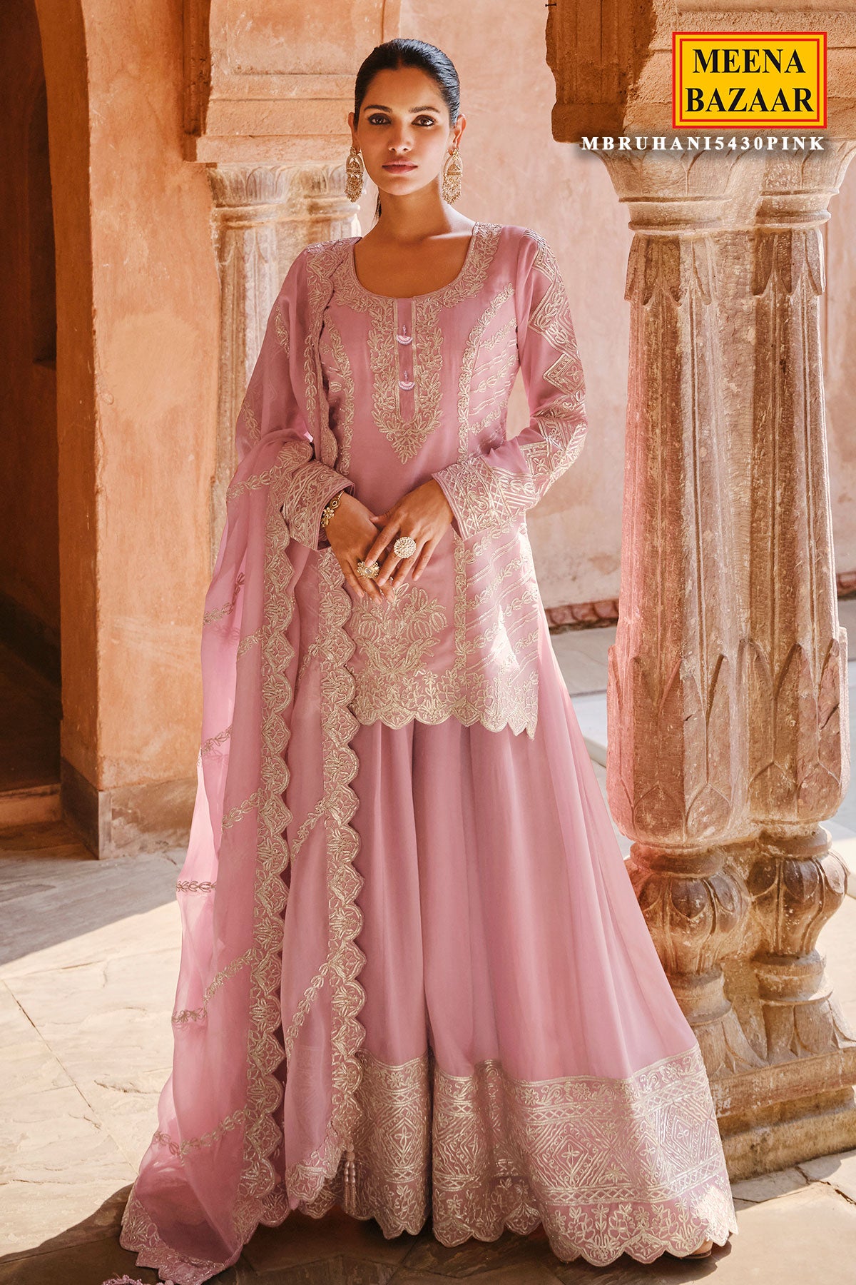 Pink Georgette Gota Patti Work Sharara Suit Set