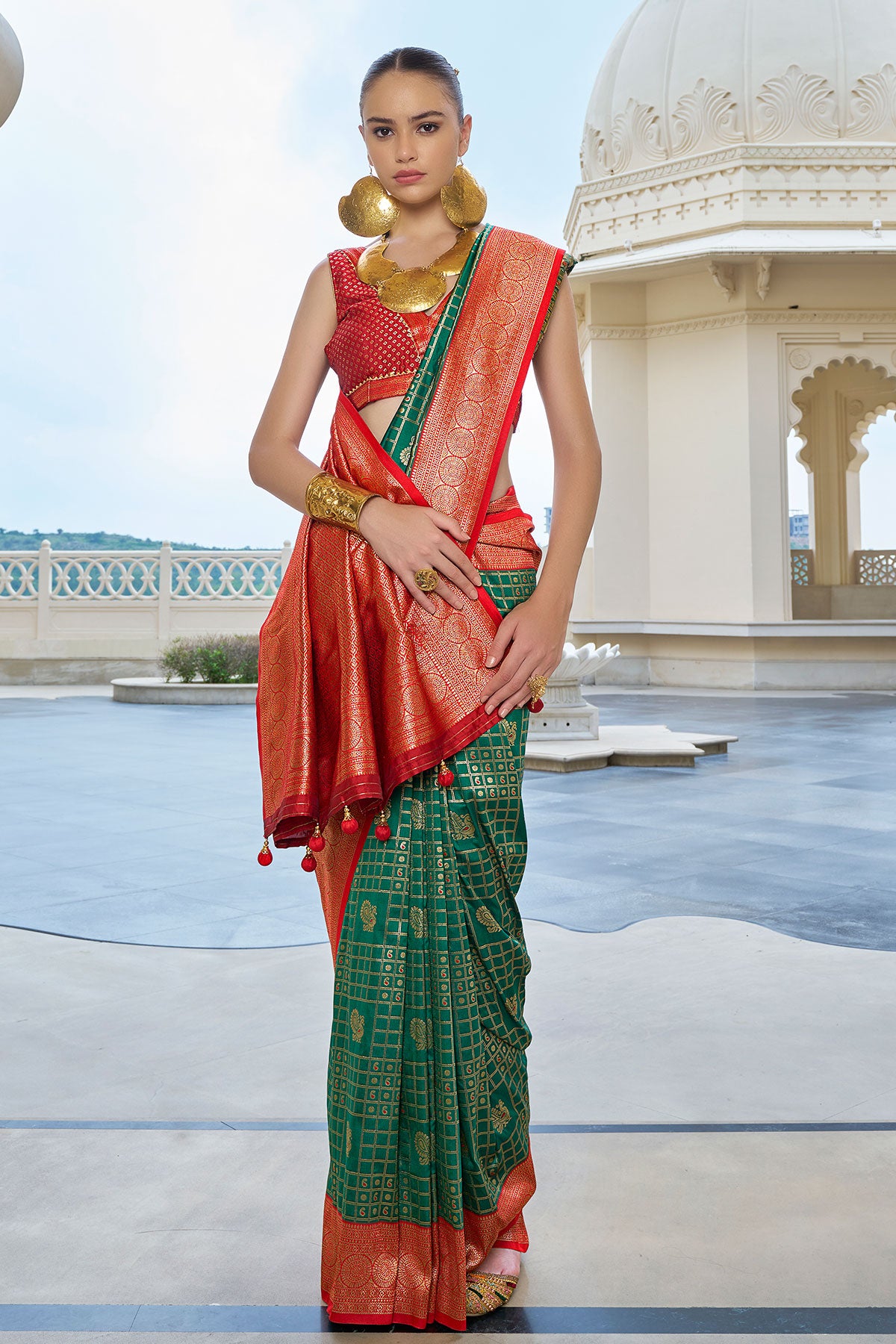 Green Silk Checkered Zari Woven Saree