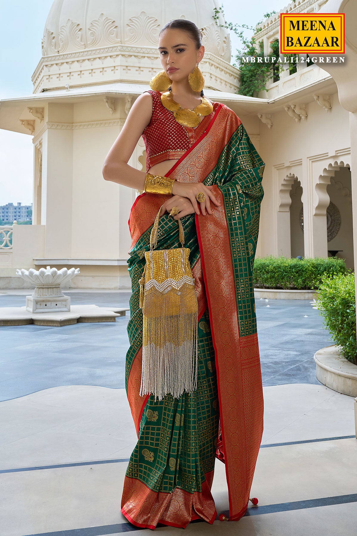 Green Silk Checkered Zari Woven Saree