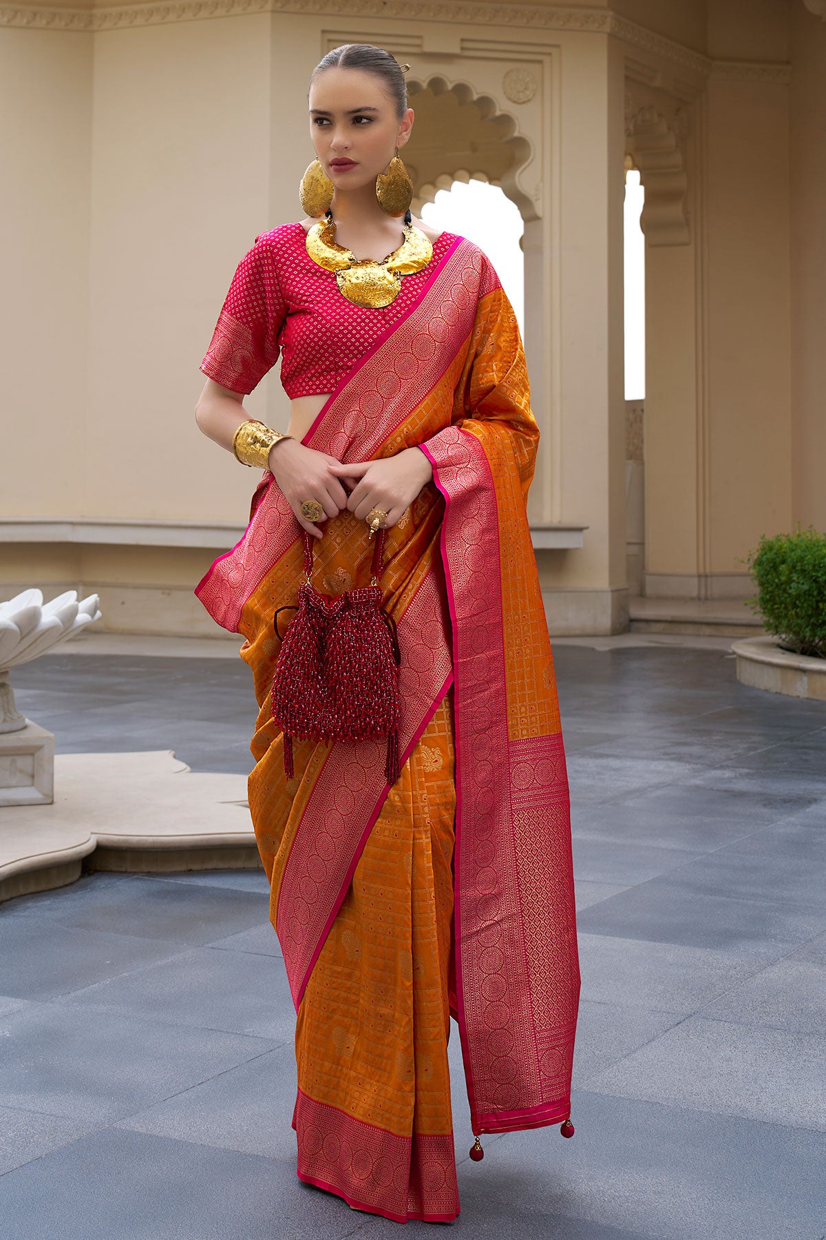 Mustard Silk Checkered Zari Woven Saree