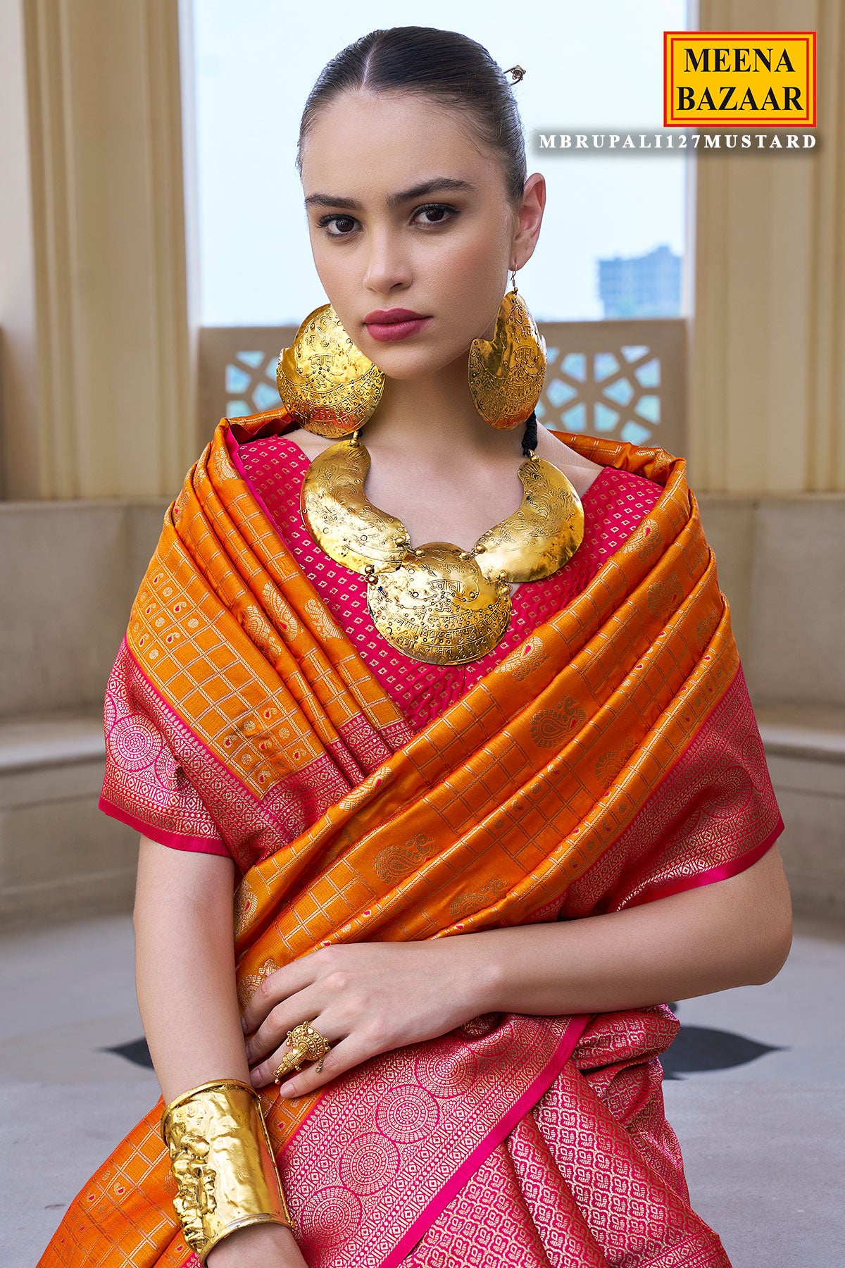 Mustard Silk Checkered Zari Woven Saree