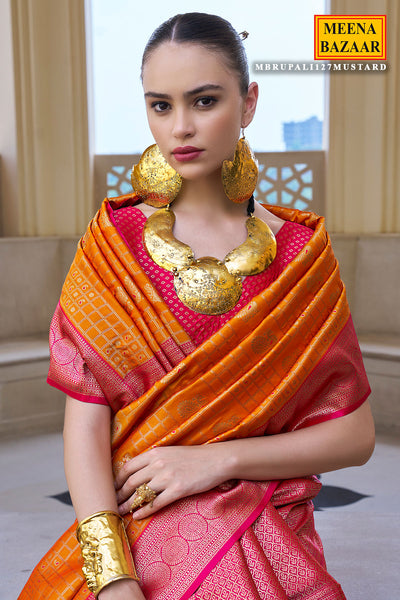 Mustard Silk Checkered Zari Woven Saree