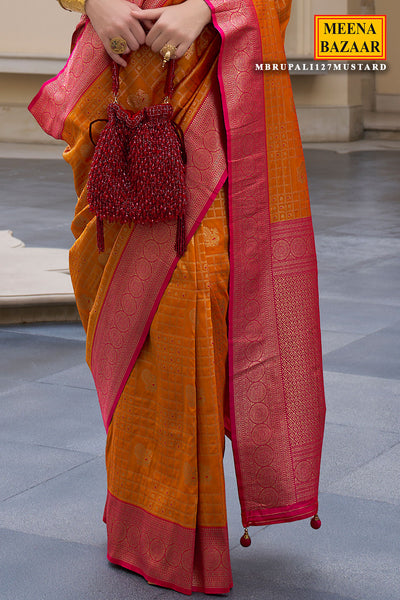 Mustard Silk Checkered Zari Woven Saree