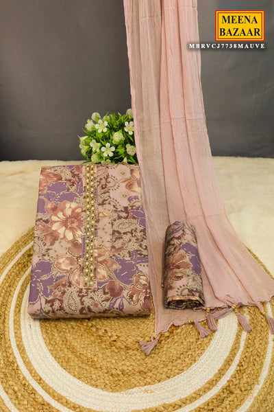 Mauve Printed Muslin Embroidered Suit Set