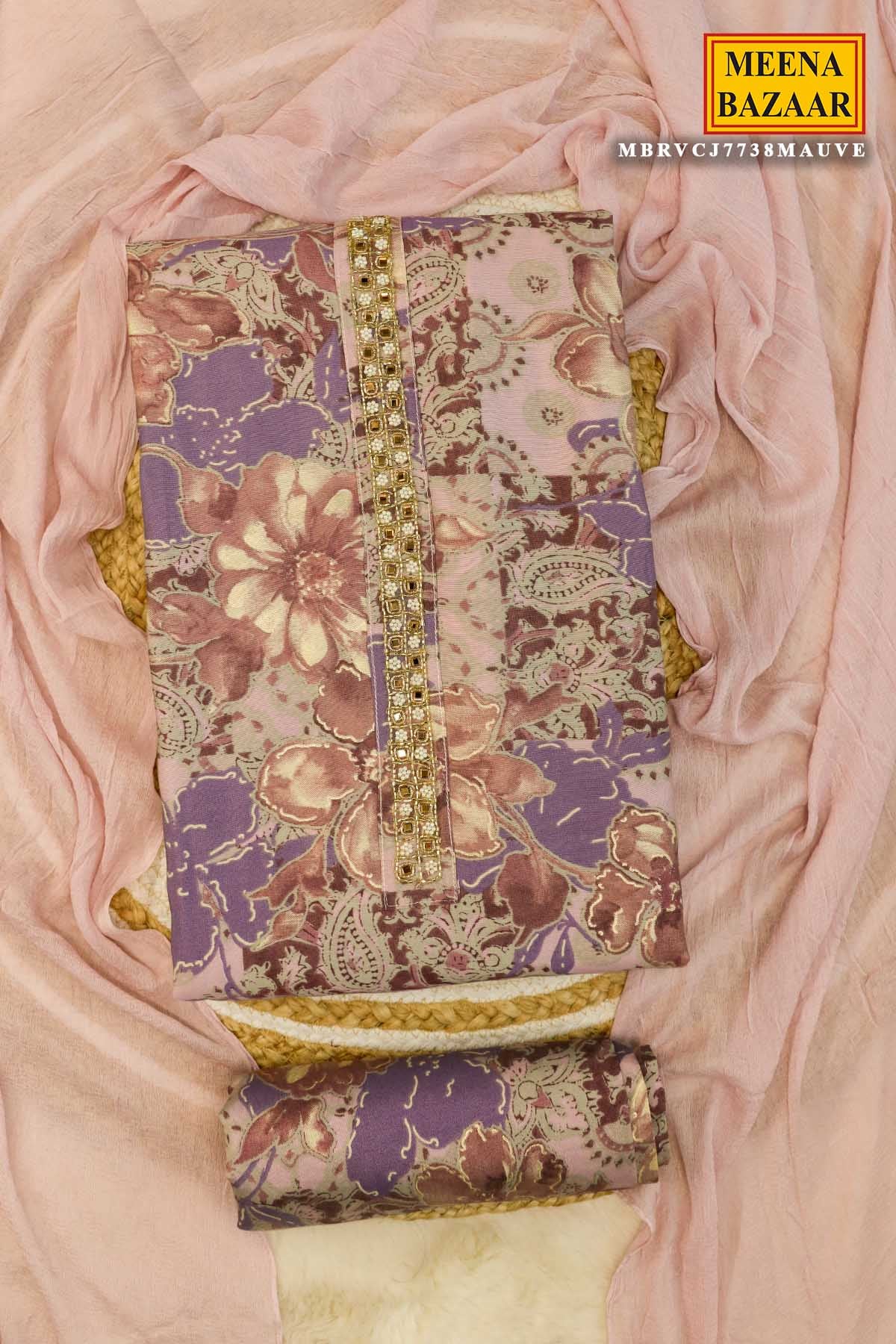 Mauve Printed Muslin Embroidered Suit Set