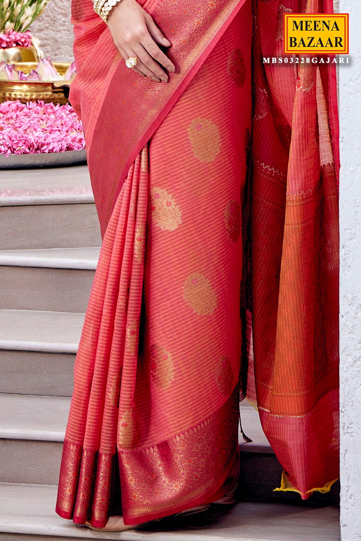 Orange Cotton Striped Printed Zari Woven Saree