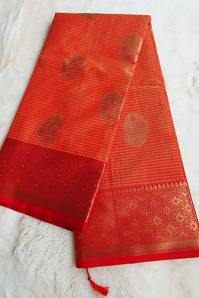 Orange Cotton Striped Printed Zari Woven Saree