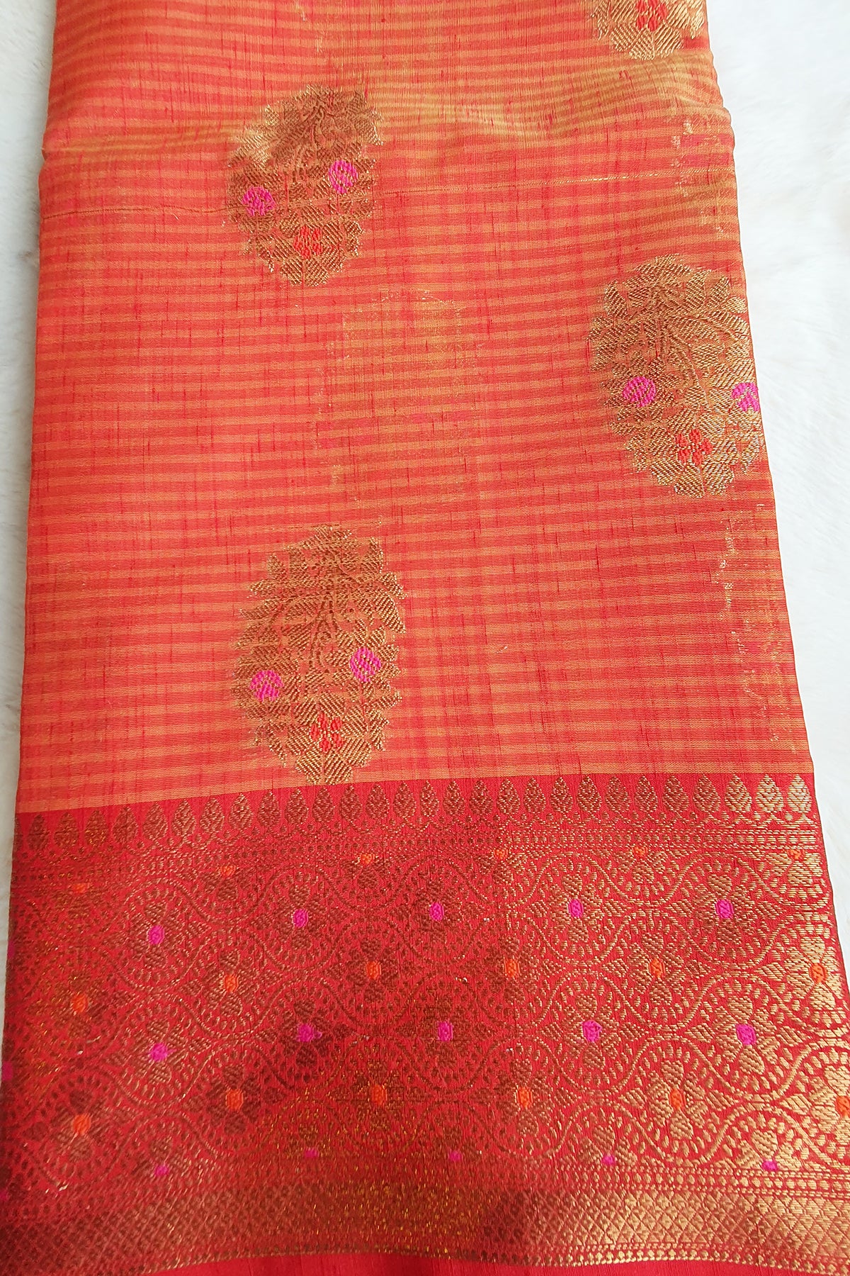 Orange Cotton Striped Printed Zari Woven Saree