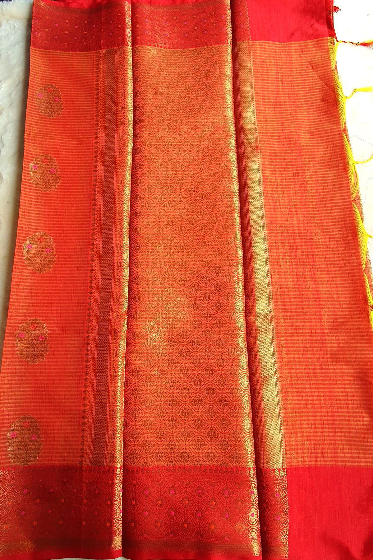 Orange Cotton Striped Printed Zari Woven Saree