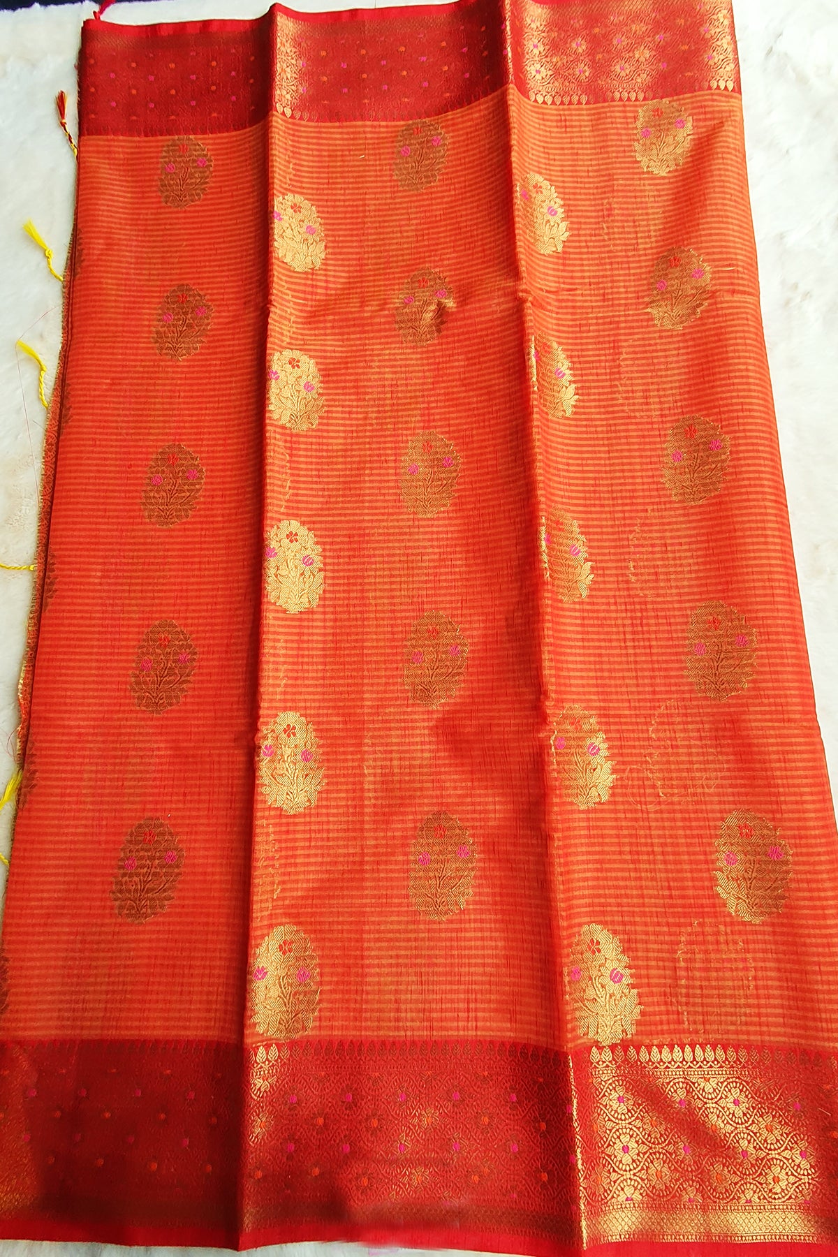 Orange Cotton Striped Printed Zari Woven Saree