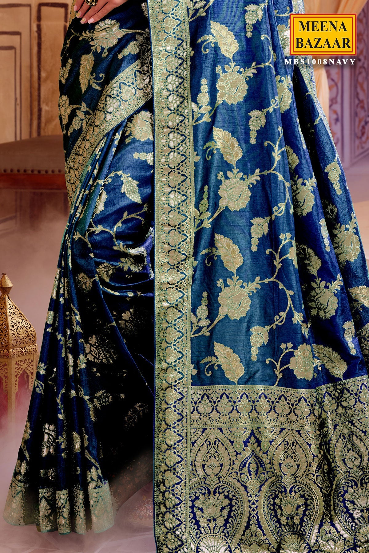 Navy Blended Silk Floral Zari Woven Saree