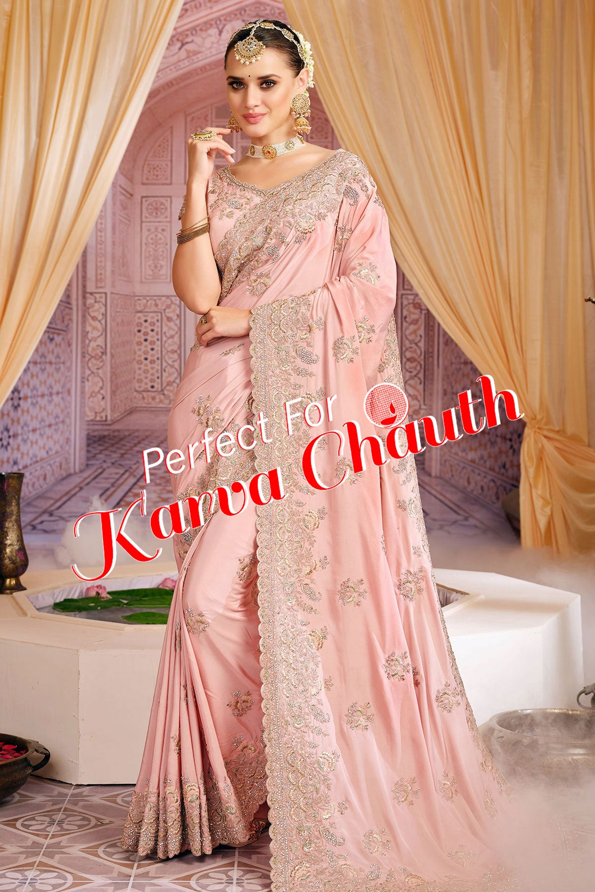 Pink Embroidered Crepe Saree