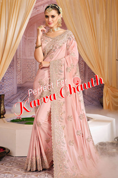 Pink Embroidered Crepe Saree