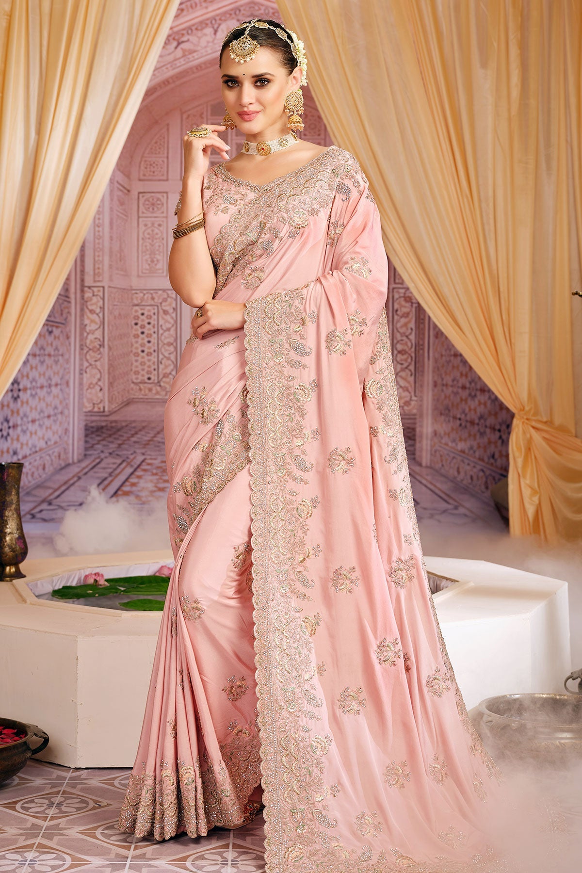 Pink Embroidered Crepe Saree