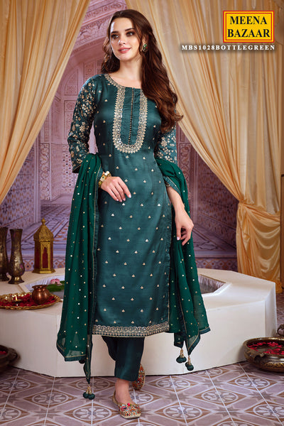 Bottle Green Silk Zari Sequins Embroidered Suit