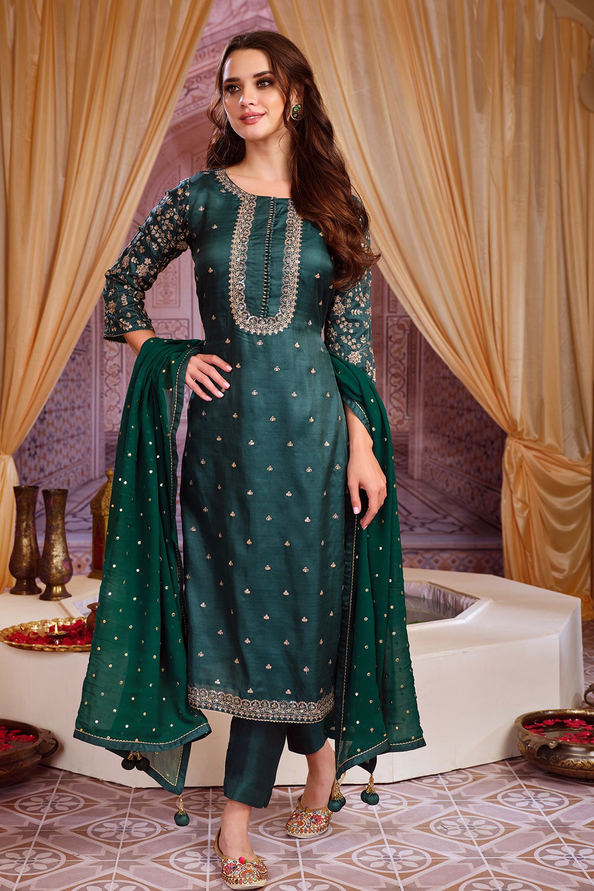 Bottle Green Silk Zari Sequins Embroidered Suit