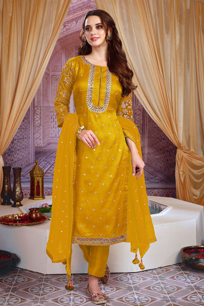 Mustard Zari and Sequins Embroidered Suit Set