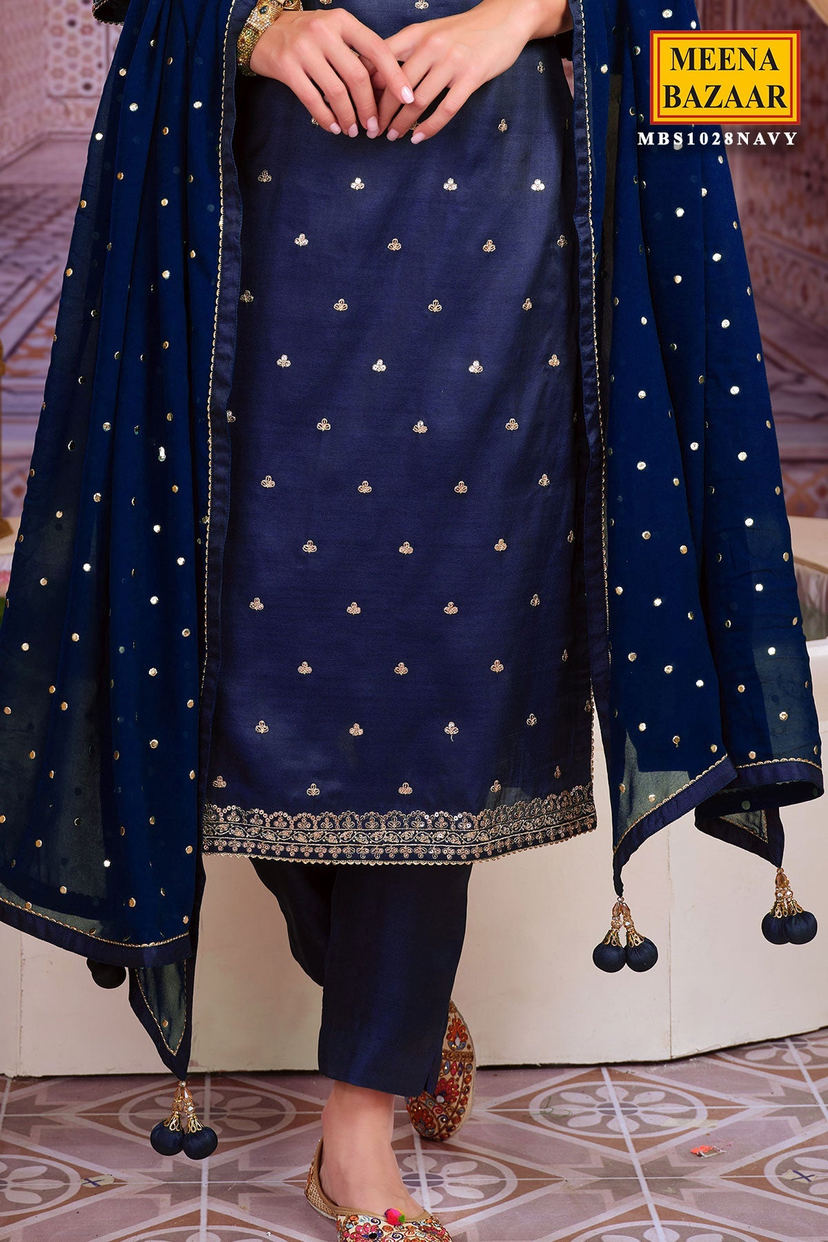 Navy Silk Zari and Sequins Embroidered Suit Set