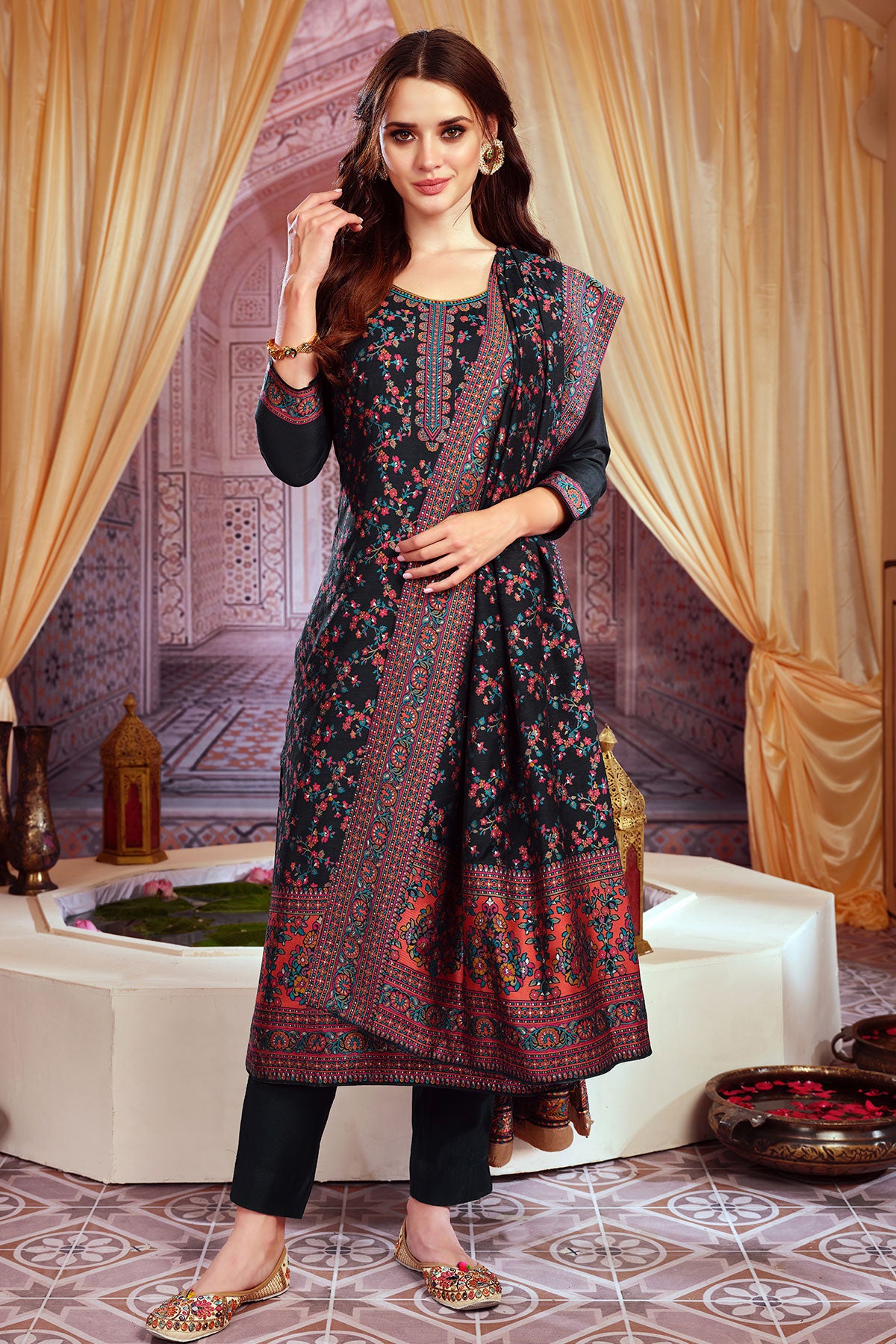 Black Chanderi Silk Woven Suit Set