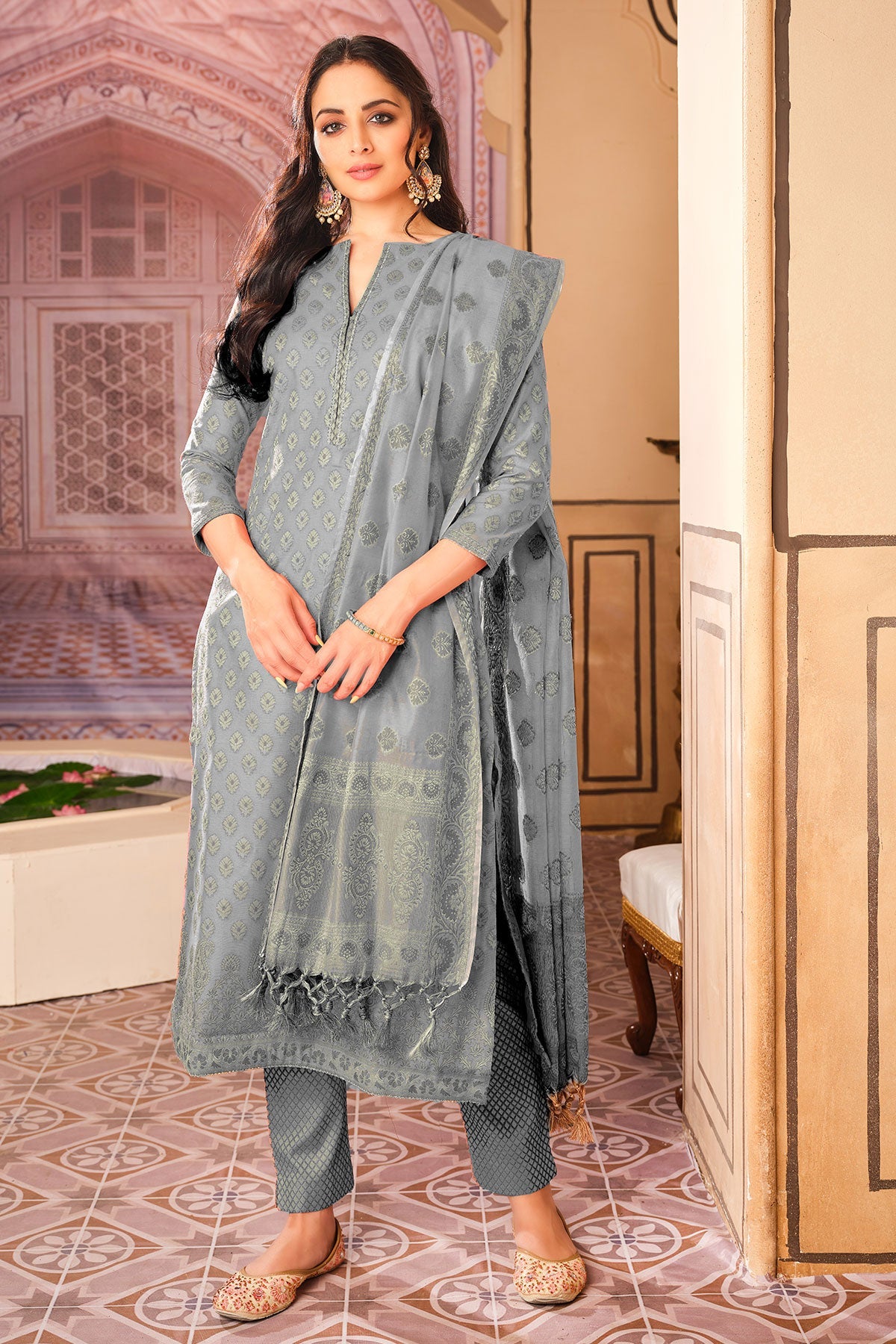 Grey Chanderi Cotton Woven Suit Set