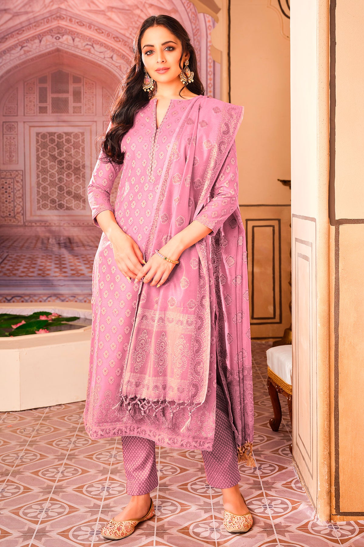 Pink Chanderi Cotton Woven Suit-Set