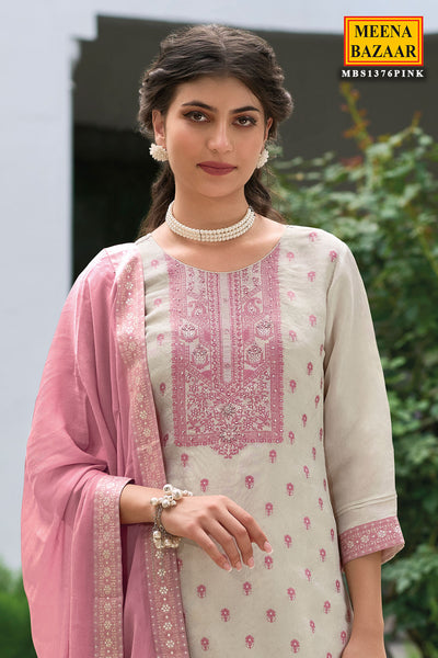 Cream & Pink Zari Woven Silk Suit Set with Cut Dana Neck Embroidery