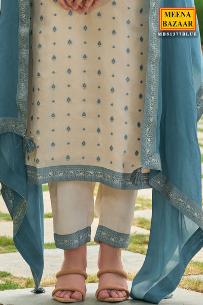 Blue Zari Woven Silk Suit Set with Cut Dana Neck Embroidery