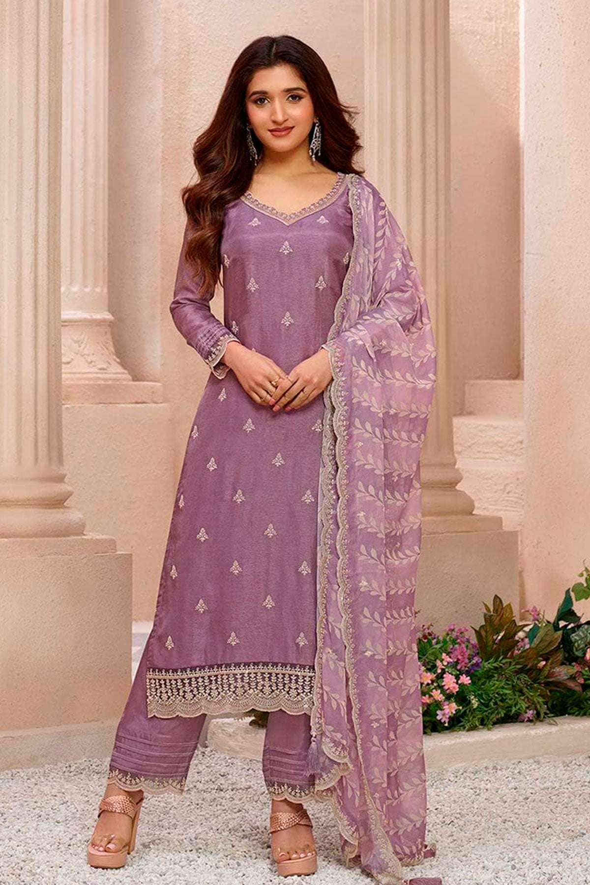 Mauve Modal Silk Threadwork Embroidered Kurti With Pants