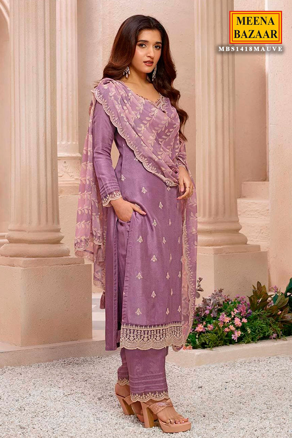 Mauve Modal Silk Threadwork Embroidered Kurti With Pants