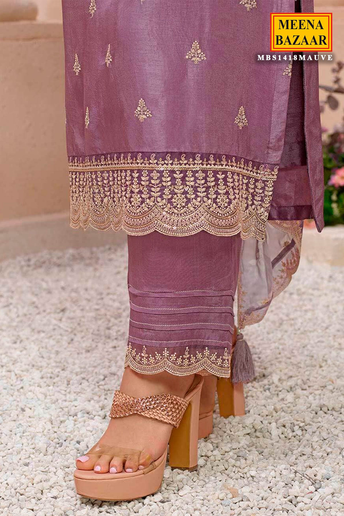 Mauve Modal Silk Threadwork Embroidered Kurti With Pants