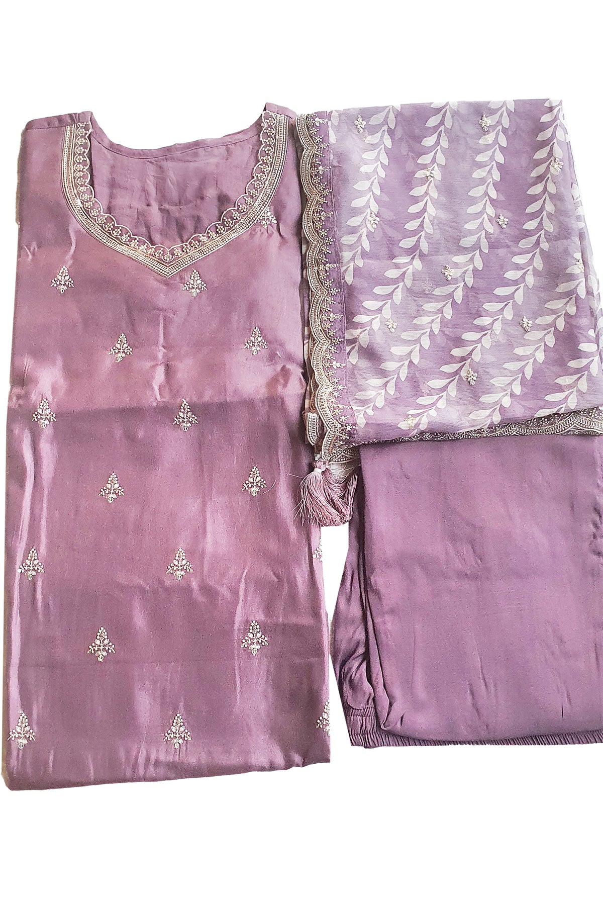 Mauve Modal Silk Threadwork Embroidered Kurti With Pants