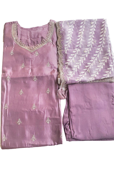 Mauve Modal Silk Threadwork Embroidered Kurti With Pants