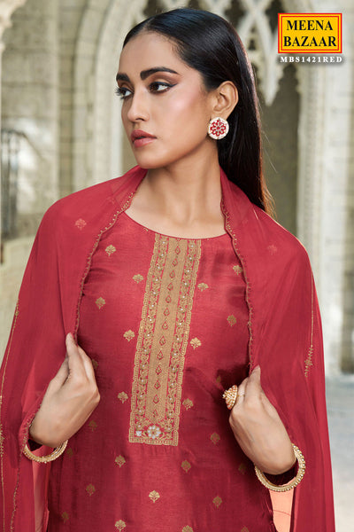 Scarlet Red Dola Silk Jacquard Weaving Suit Set