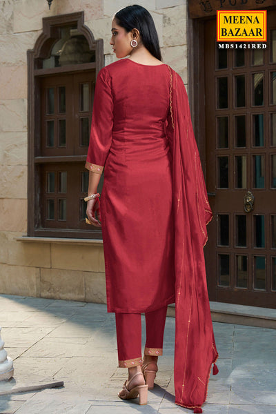 Scarlet Red Dola Silk Jacquard Weaving Suit Set