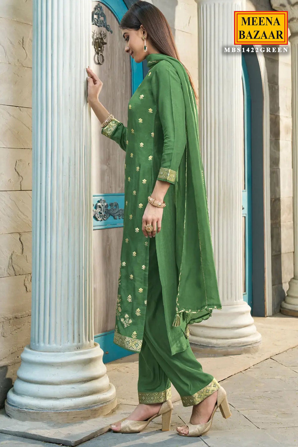 Green Dola Silk Jacquard Weaving Suit Set