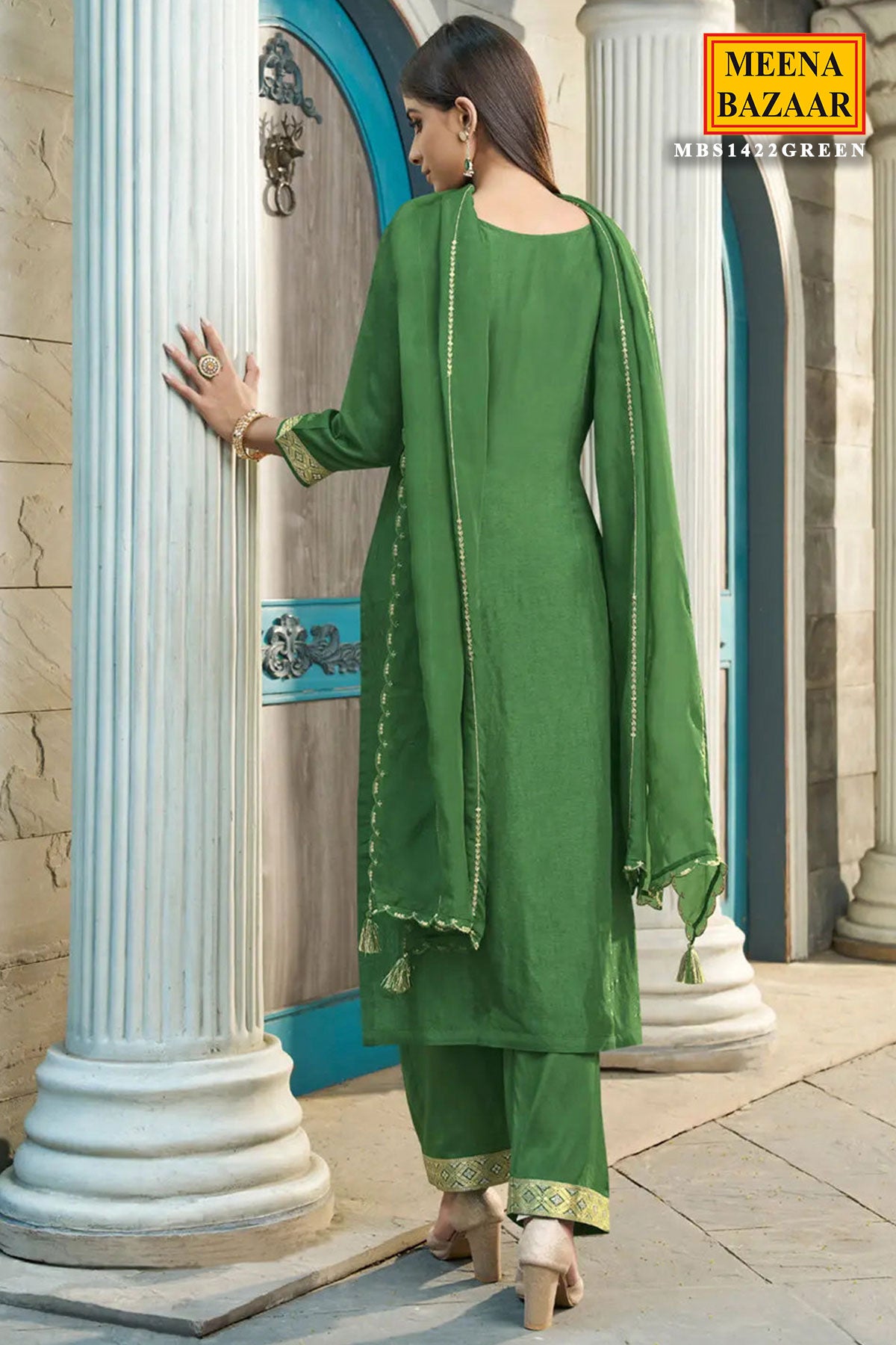 Green Dola Silk Jacquard Weaving Suit Set
