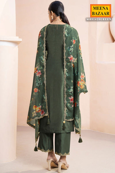 Dark Olive Dola Silk Floral Printed Suit Set