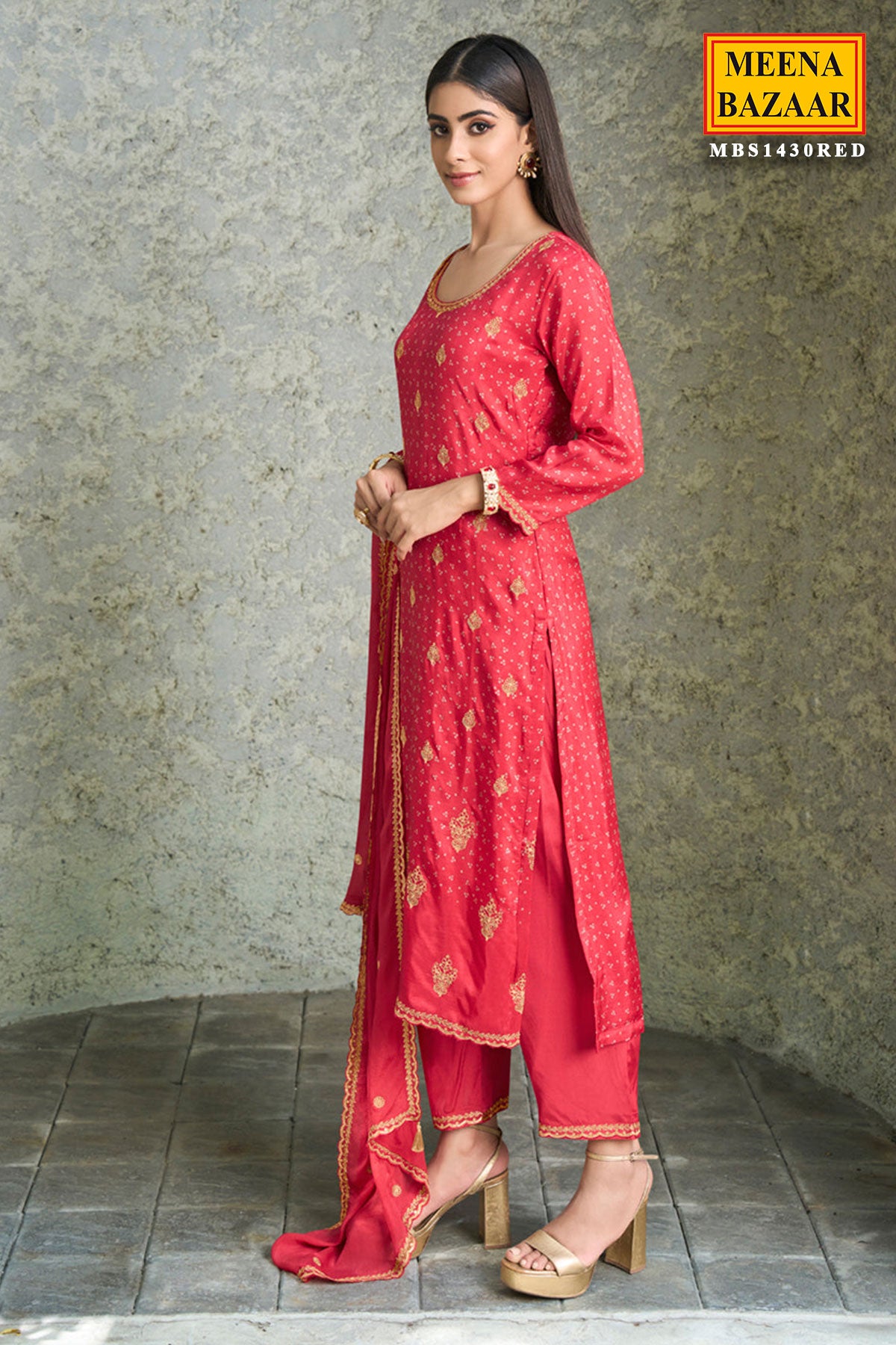 Red Dola Silk Bandhani Printed Kurti with Pant Set