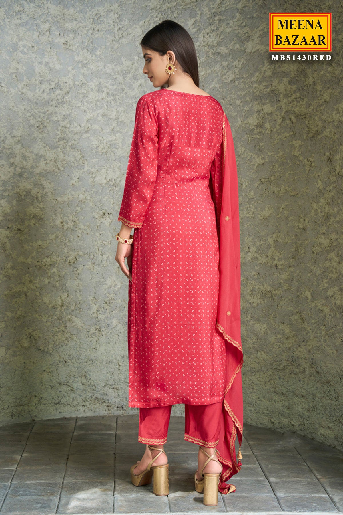 Red Dola Silk Bandhani Printed Kurti with Pant Set