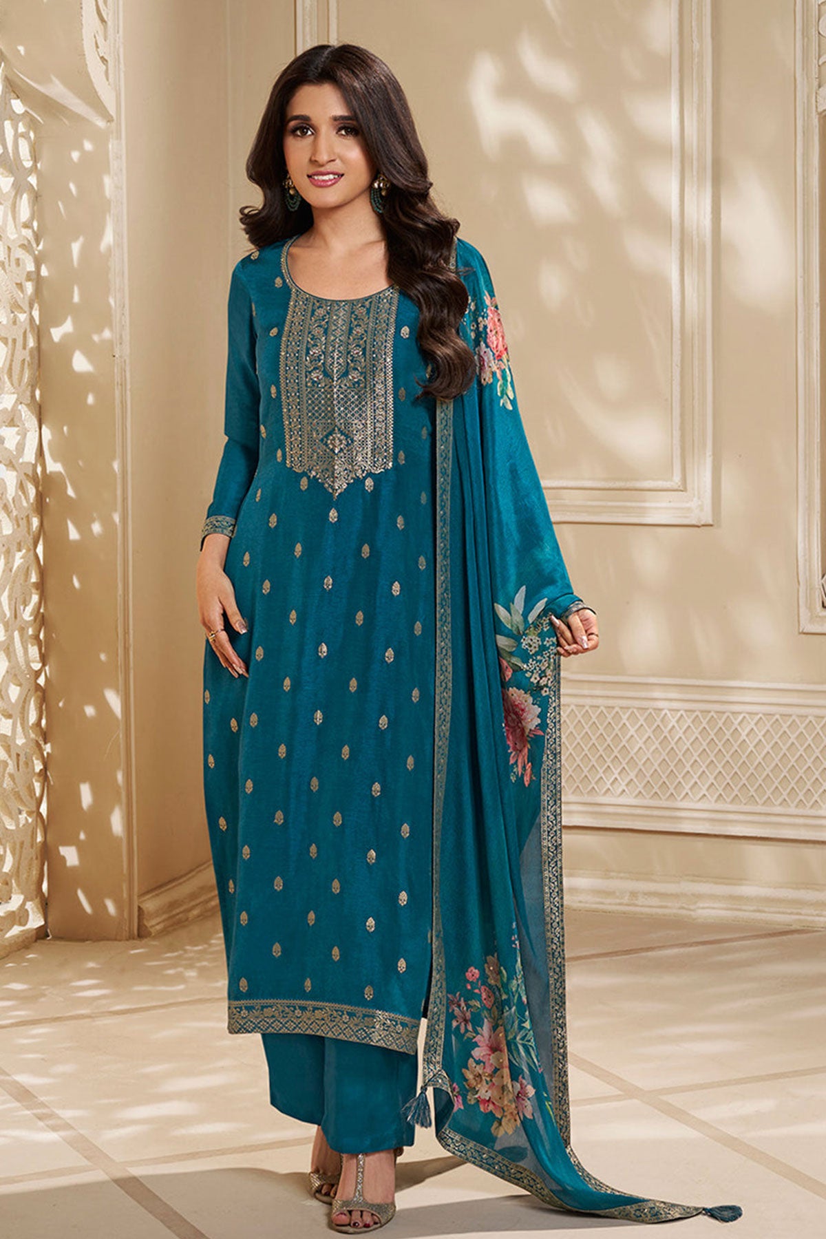 Teal Blue Jacquard Dola Silk Straight Pant Suit Set