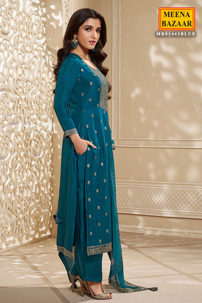 Teal Blue Jacquard Dola Silk Straight Pant Suit Set