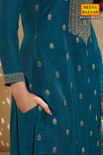 Teal Blue Jacquard Dola Silk Straight Pant Suit Set