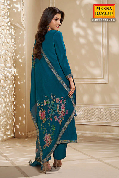 Teal Blue Jacquard Dola Silk Straight Pant Suit Set