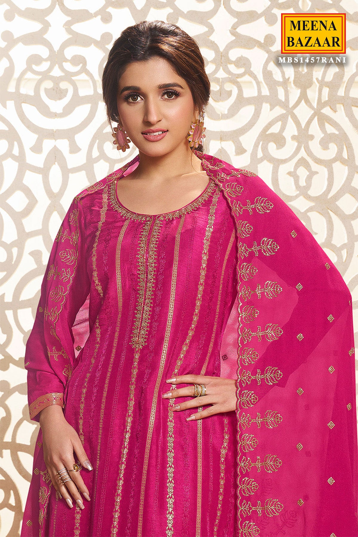 Rani Pink Dola Silk Zari Embroidered Palazzo Suit Set Meena Bazaar