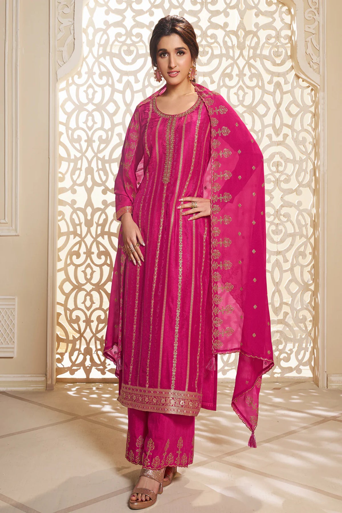 Rani Pink Dola Silk Zari Embroidered Palazzo Suit Set