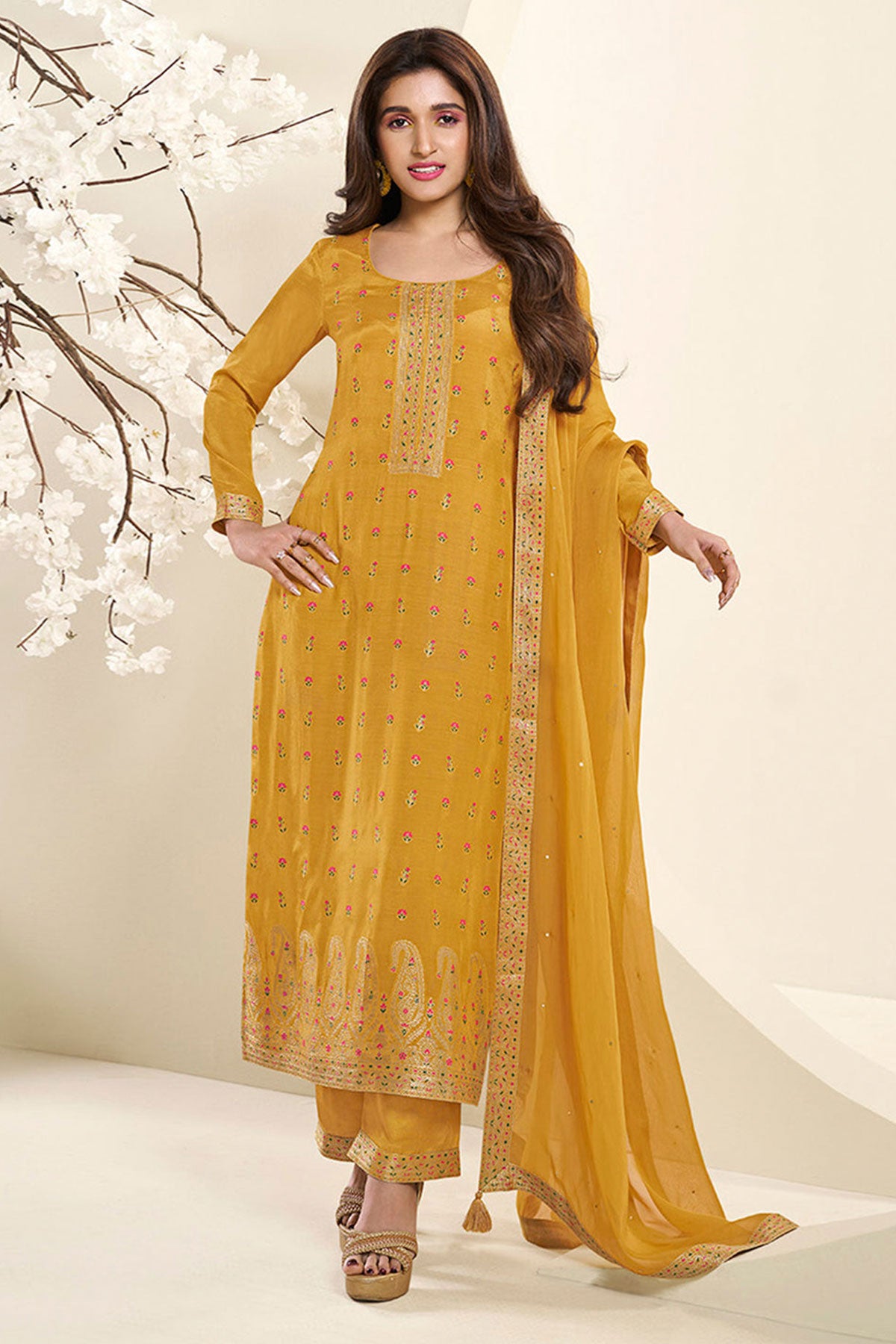 Mustard Muslin Jacquard Weaving Suit Set