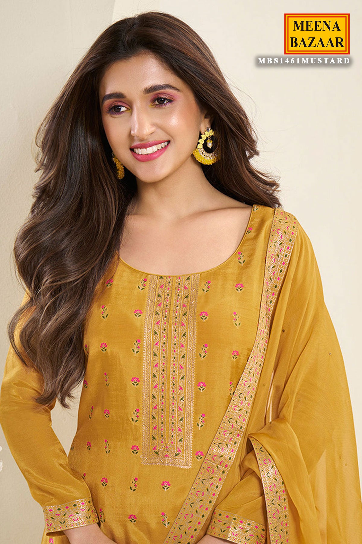 Mustard Muslin Jacquard Weaving Suit Set